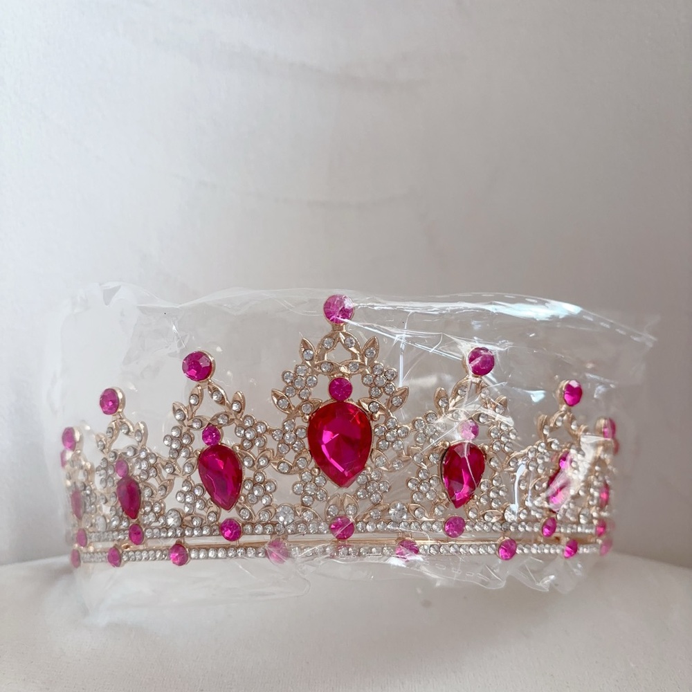 Pink Rhinestone Princess Crown Tiara – Gold (Brand New)